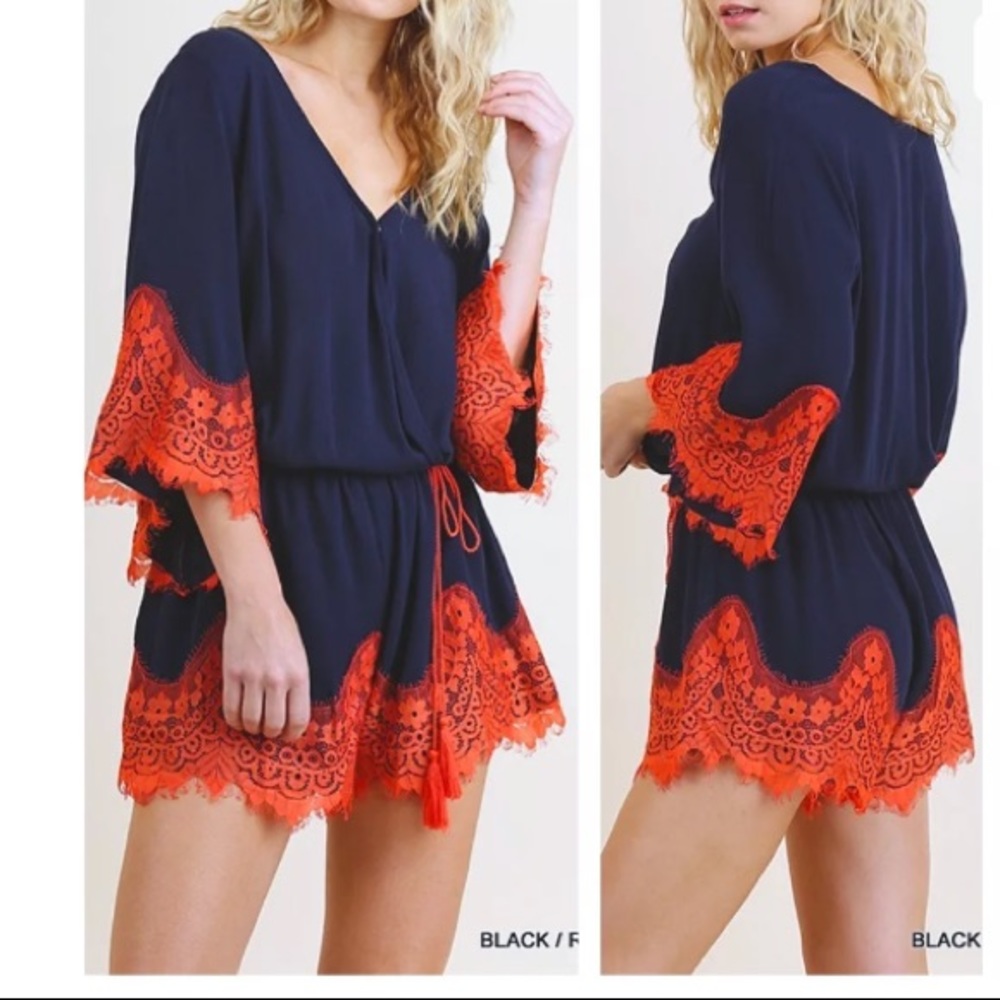 Umgee Orange & Blue Crochet Trim Shorts Romper NEW